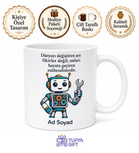 İsimli Robot Desenli Mühendis Kupası Özel Tasarım Baskılı Kupa Bardak Hediye