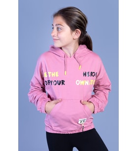 Toontoy Kız Çocuk Kapüşolu Kanguru Cepli Baskılı Sweatshirt (Gül Kurusu)