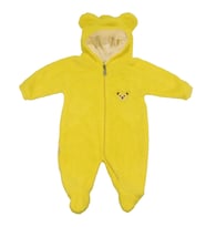 Unisex Sarı Peluş Ayı Nakışlı Patikli Kapşonlu Tulum