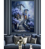 Gece Vakti Çiçekli Taş Konak Dekoratif Kanvas - Mdf Ahşap Tablo