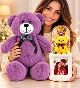 Kişiye Özel Fotoğraflı LED Işıklı Fanuslu Ayıcık Buketi ve Büyük Boy Mor Peluş Ayıcık