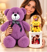Kişiye Özel Fotoğraflı LED Işıklı Fanuslu Ayıcık Buketi ve Büyük Boy Mor Peluş Ayıcık