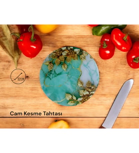 Cam Kesme Tahtası* Mutfak Tahtası 32cm Mermer Turkuaz Altın Görünümlü