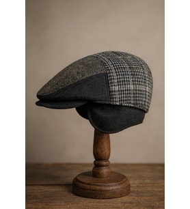 Patchwork Kışlık Yün İngiliz Kasket - Katlanır Sherpa Kulaklı Şapka (Antrasit)
