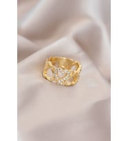 Ayarlamalı Gold Renk Metal Zirkon Taşlı Kalp Model Yüzük (Çok Renkli)