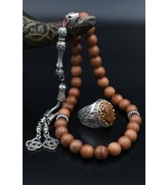 Doğal Oud Ağacı Tesbih Ve 925 Ayar Gümüş Erkek Yüzüğü Oud Ağacı 901511