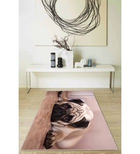 Bej Köpek Pug Desenli Kaymaz Tabanlı Dekoratif Halı RV327 - 100 x 160 cm