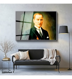 Gümüş Renk Metal Çerçeveli Tamperli Cam Tablo Atatürk Madalyalı Resim Sanatı Atatürk Tablosu Duvar Dekoru