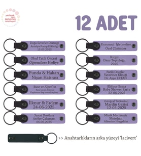 Tüm Aile Bireylerine Özel Hediye, 12'li Set, Kişiye Özgü İsim Yazılı Anahtarlık, Mor Menekşe & Laci (Lila - Mor)