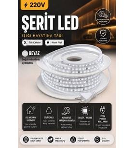 220V 6500K Beyaz Tak Çalıştır Fişli Esnek Led Şerit - 1-20 Metre - 120 Çipli - Kesilebilir Yapışkanlı Led