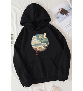 Unisex Neighbor's Ukiyo E Baskılı Sweatshirt (Siyah)