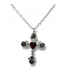 Kırmızı Güllü Gotik Haç Figürlü Unisex Kolye – 60 cm Zincirli, Romantik ve Karanlık Estetik (Gümüş)