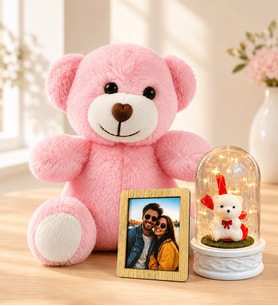 Kişiye Özel Fotoğraflı LED Işıklı Beyaz Ayıcıklı Fanus ve Pembe Peluş Ayıcık Kadına Sevgiliye Hediye
