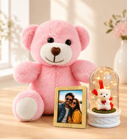 Kişiye Özel Fotoğraflı LED Işıklı Beyaz Ayıcıklı Fanus ve Pembe Peluş Ayıcık Kadına Sevgiliye Hediye