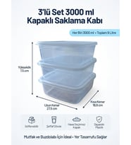Kapaklı Saklama Kabı 3'lü Set, 3000 ml Her Biri, Şeffaf, BPA İçermez, Hava Geçirmez, İstiflenebilir