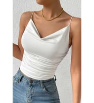 Merry See Kadın Kolsuz Askılı Degaje Yaka Bluz Crop (Beyaz)