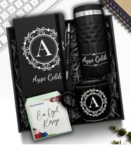 Kişiye Özel Siyah 300 ML Kristal Termos & Defter & Kupa & Kalem Hediye Seti