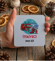 Kişiye Özel İtfaiyeci Bardak Altlığı  Hediyesi (Beyaz)
