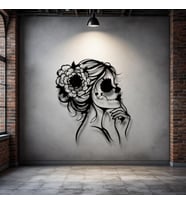 Sugar Skull Kadın Figürlü Metal Duvar Dekoru – Çiçekli Kafatası Sanat Tasarımı (Siyah)