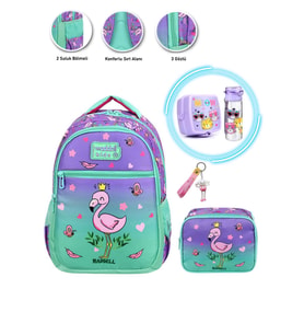 Smile Flamingo Okul Çantası + Meow Beslenme Kutusu + Meow Suluk + Anahtarlık - İlkokul Çantası (Çok Renkli)