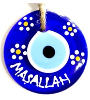 Maşallah Yazılı Papatya Desenli Nazar Boncuklu El Boyaması Duvar Süsü (Mavi)
