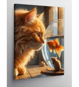 Kanvas Tablo Akvaryumdaki Balığa Bakan Kedi