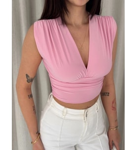 Linum Kadın Vatkalı Kolsuz V Yaka Drapeli Crop Bluz Likralı Fit - Pembe