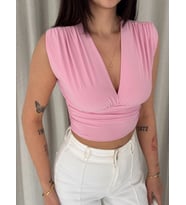 Linum Kadın Vatkalı Kolsuz V Yaka Drapeli Crop Bluz Likralı Fit - Pembe