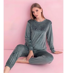 Pijamerry Kadın Kışlık Bisiklet Yaka Kadife Pijama Takımı 3035SY - 1 Adet (Su Yeşili)