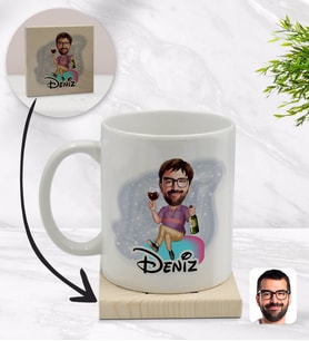 BK Gift Kişiye Özel Erkek Karikatürlü Beyaz Kupa Bardak ve Ahşap Bardak Altlığı Hediye Seti - Model 2