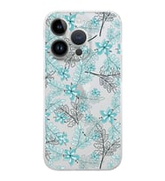 Apple iPhone 14 Pro Uyumlu Kamera Korumalı Tıpalı Kapak Floral Su Yeşili Tasarımlı ŞeffafKılıf