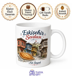 Odunpazarı Evleri ve Çibörek Çizimli Nostaljik Eskişehir Kupa Bardak Hediye