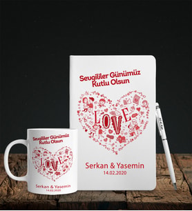 Sevgililer Gününe Özel Beyaz Deri Defter Kalem Kupa Hediye Seti 11