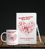 Sevgililer Gününe Özel Beyaz Deri Defter Kalem Kupa Hediye Seti 11