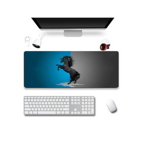 SonicTouch Şahlanan Ahal Teke Mavi Gri Gamer Oyuncu Dikişsiz Sıvı Geçirmez Klavye Mouse Pad 32x70Cm