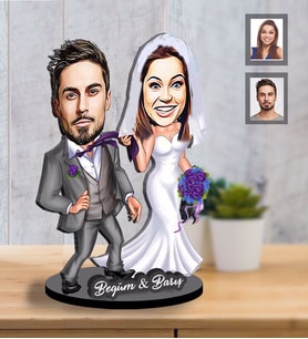 Kişiye Özel Gelin Damat  Karikatürlü İki Katmanlı Ahşap Biblo  Mod-6