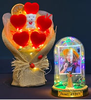 Size Özel Renkli Led Işıklı Fanus ve Led Işıklı Kalp Buketi Hediye Seti (Model 6)
