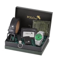 Polo Air Erkek Kol Saati Cüzdan Kemer Kartlık Anahtarlık Çakmak Kombin Set PL-0916E (Açık Yeşil-Gümüş)