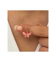 925 Ayar Gümüş Rose Pembe Kaplangözü Taşlı Kelebek Kolye