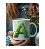 Çim Çimen Şeklinde Harf Kişiye Özel 3 Boyutlu Tasarım Seramik Kupa Mug - Hediyelik Kupa (Beyaz)