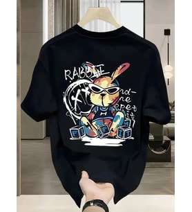 Erkek T-shirt Tavşan Baskılı Kısa Kollu Tişört - Siyah