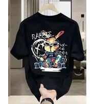 Erkek T-shirt Tavşan Baskılı Kısa Kollu Tişört - Siyah