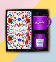 Kişiye Özel Renkli Nescafe Fincanı, Defter, Kalem-Kokulu Cam Mum Hediye Seti