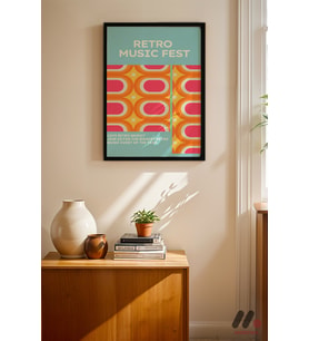 Retro Music Fest Posteri, Siyah Çerçeveli Duvar Tablosu - Modern Ev Dekorasyonu