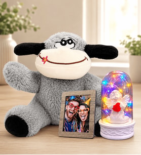 Kişiye Özel Fotoğraflı Renkli LED Işıklı Beyaz Melekli Fanus ve Peluş Eşek Sevgiliye Kadına Hediye