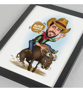 Kişiye Özel Rodeo Yapan Kovboy Karikatürlü Resim Çerçevesi