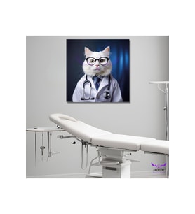 Tekli Kare Kanvas Hastane Poliklinik Tablosu Doktor Kedi Tasarımı