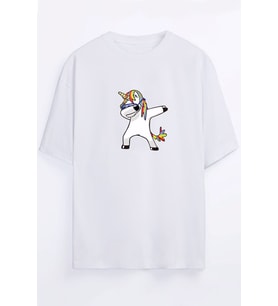 Dabbing Unicorn Baskılı  Unisex Beyaz T-shirt