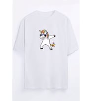 Dabbing Unicorn Baskılı  Unisex Beyaz T-shirt