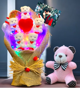 Kişiye Özel Fotoğraflı Led Işıklı Buket ve Peluş Ayıcık Anahtarlık (Model 4)